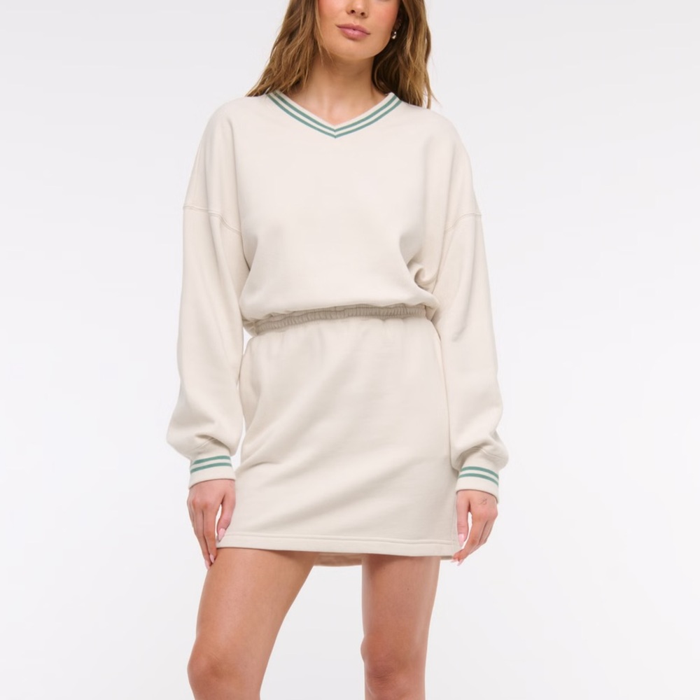 Abercrombie & Fitch - Long Sleeve Fleece Mini Dress - Light Sand / Green, sz XS